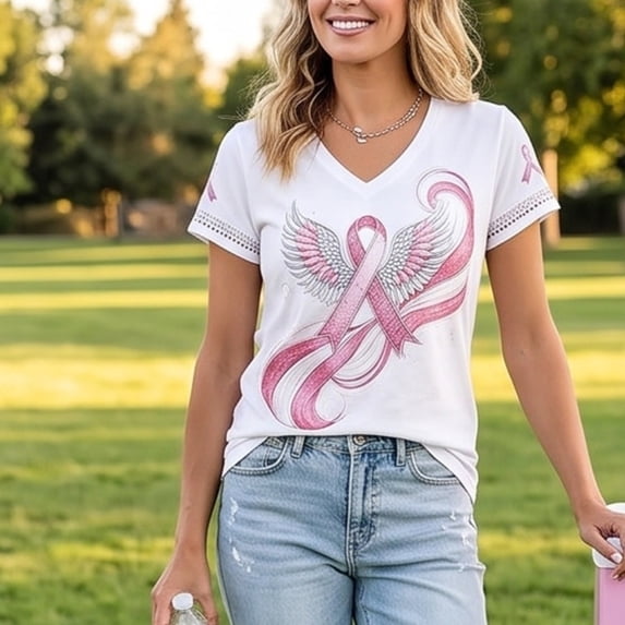 Domuza Women's Breast Cancer Awareness Shirts Pink Ribbon Print Cancer Survivor Short Sleeve V Neck Tee Shirts ,in October We Wear Pink T-Shirts XXL