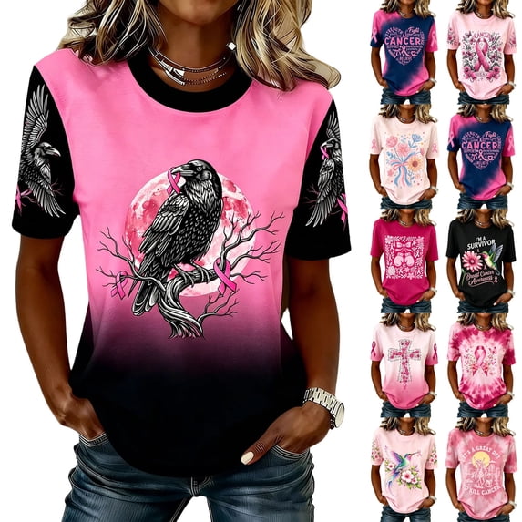 Domuza Women's Breast Cancer Shirts Hummingbird Print Cancer Survivor Short Sleeve Crew-Neck Shirts ,in October We Wear Pink Tops M