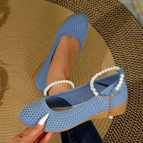 Domuza Women's Breathable Knit Mesh Wedge Flats, Removable Pearl Ankle Strap Comfort Casual Shoes for Daily Work and Casual Wear Blue 8(EU-40)