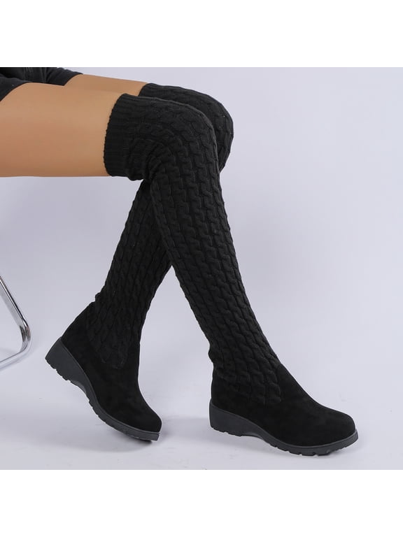 Women's Cable Knit Stretch Knee High Boots, Faux Suede Low Block Heel Pull On Tall Sock Boots for Fall Winter Daily Wear Black 5.5(EU-36)