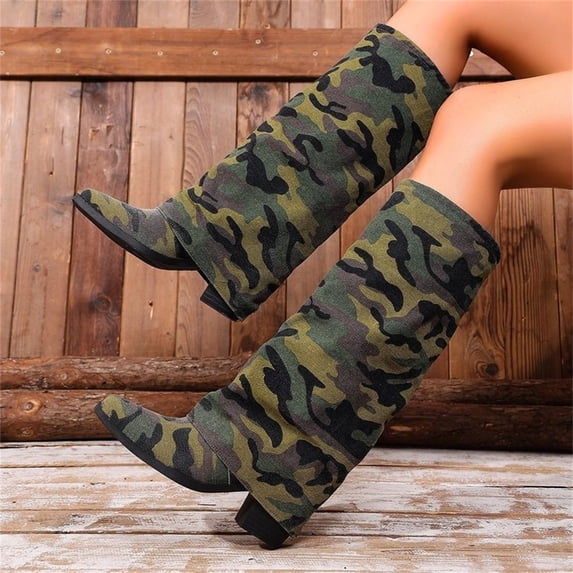 Domuza Women's Camouflage Slouch Knee High Boots, Canvas Fold Over Low Block Heel Tall Boots, Casual Pointed Toe Stacked Fashion Boots for Daily Outdoor Streetwear Camouflage 9(EU-42)