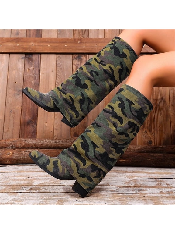 Women's Camouflage Slouch Knee High Boots, Canvas Fold Over Low Block Heel Tall Boots, Casual Pointed Toe Stacked Fashion Boots for Daily Outdoor Streetwear Camouflage 10(EU-43)