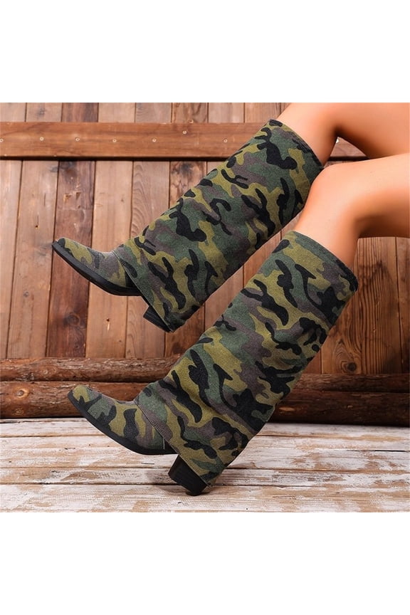 Women's Camouflage Slouch Knee High Boots, Canvas Fold Over Low Block Heel Tall Boots, Casual Pointed Toe Stacked Fashion Boots for Daily Outdoor Streetwear Camouflage 7(EU-38)