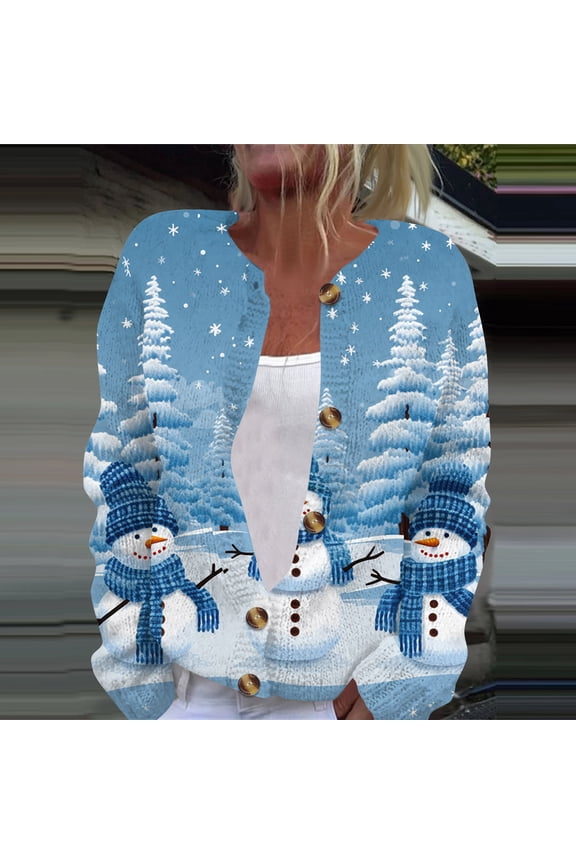 Women's Cardigan Sweaters Christmas Patterns Long Sleeve Knitted Sweaters Fall Winter Casual Lightweight Button Down Clothing Blue 4XL