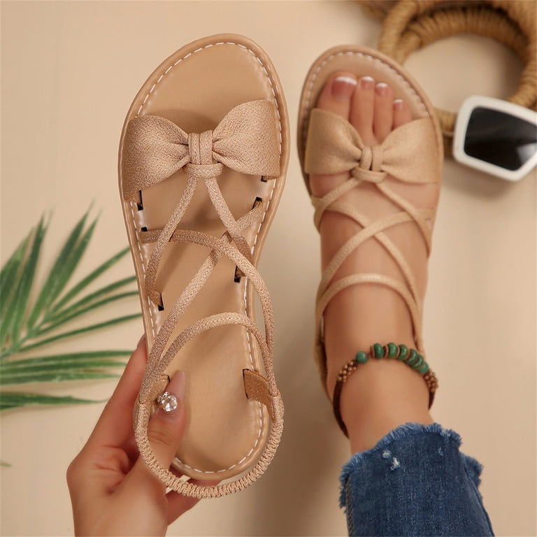 Domuza Women's Casual Dressy Dress Flat Sandals with Bow, Beach Wedding Sandals Women Open Toe Comfortable Non-slip Flats Shoes for All-Day Wear Khaki 6.5（EU-37）