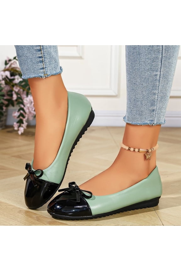 Women’s Casual Round Toe Ballerina Flats, Two-Tone Bow Design Low Wedge Shoes for Daily Wear Green 5.5(EU-36)