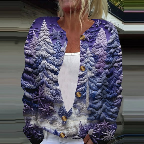 Domuza Women's Christmas Cardigan Sweaters Christmas Cute Graphics Long Sleeve Knitted Sweaters Fall Winter Lightweight Casual Button Down Blouse Purple XL