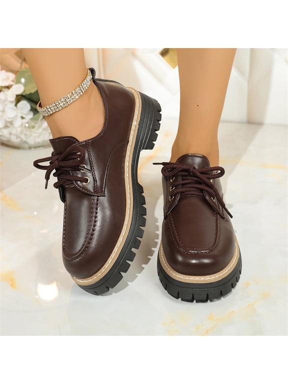 Women's Chunky Platform Lace Up Oxford Shoes, Faux Leather Lug Sole Casual Dress Shoes, Comfort Non-Slip Preppy Style Loafers for Office Daily Commuting Wear Brown 8.5(EU-41)