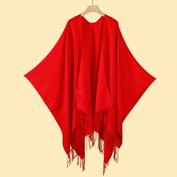 Domuza Women's Classic Tassel Slit Shawl Scarf Open Front Poncho Cape Fashion Reversible Blanket Scarf Travel Cardigan Sweater Red
