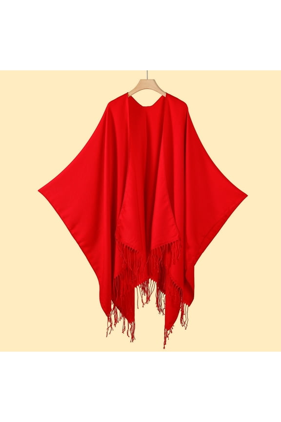 Women's Classic Tassel Slit Shawl Scarf Open Front Poncho Cape Fashion Reversible Blanket Scarf Travel Cardigan Sweater Red