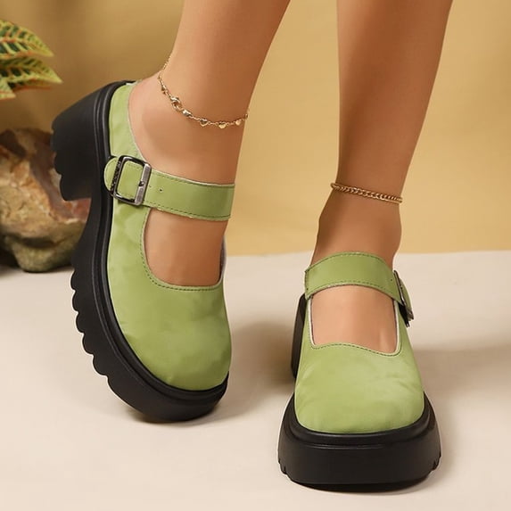 Domuza Women’s Closed Toe Platform Clogs, Mary Jane Style Buckle Strap Chunky Heel Mules Green 7(EU-38)