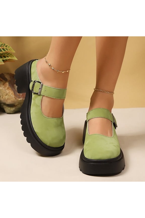 Women’s Closed Toe Platform Clogs, Mary Jane Style Buckle Strap Chunky Heel Mules Green 8.5（EU-41）