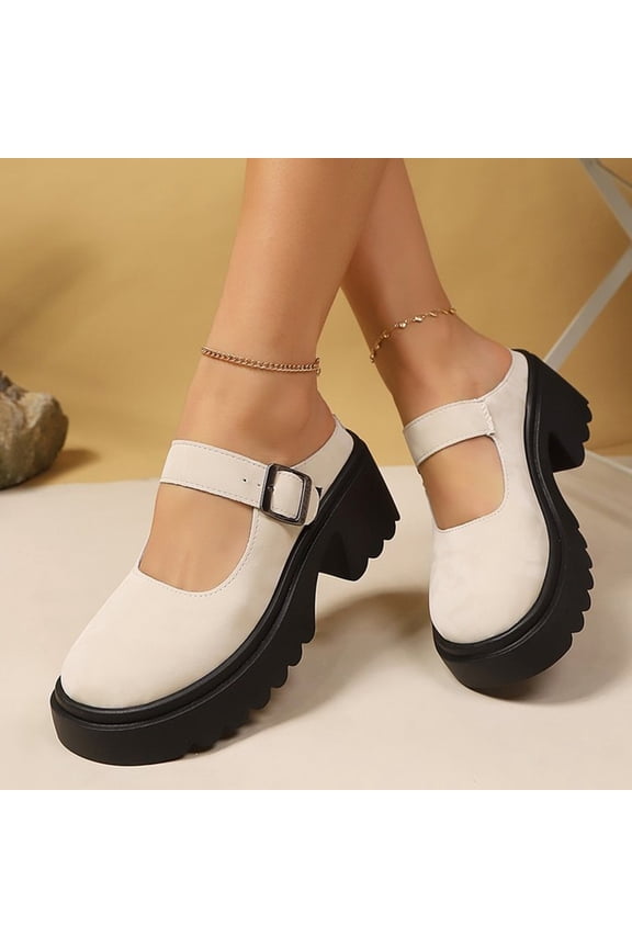 Women’s Closed Toe Platform Clogs, Mary Jane Style Buckle Strap Chunky Heel Mules White 10（EU-43）