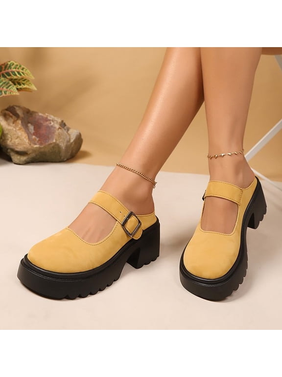 Women’s Closed Toe Platform Clogs, Mary Jane Style Buckle Strap Chunky Heel Mules Yellow 8(EU-40)