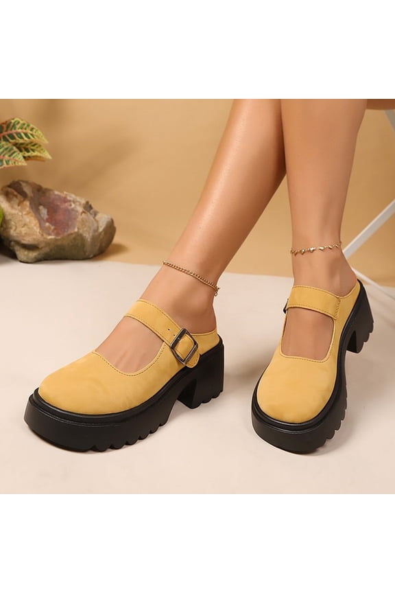 Women’s Closed Toe Platform Clogs, Mary Jane Style Buckle Strap Chunky Heel Mules Yellow 8(EU-40)