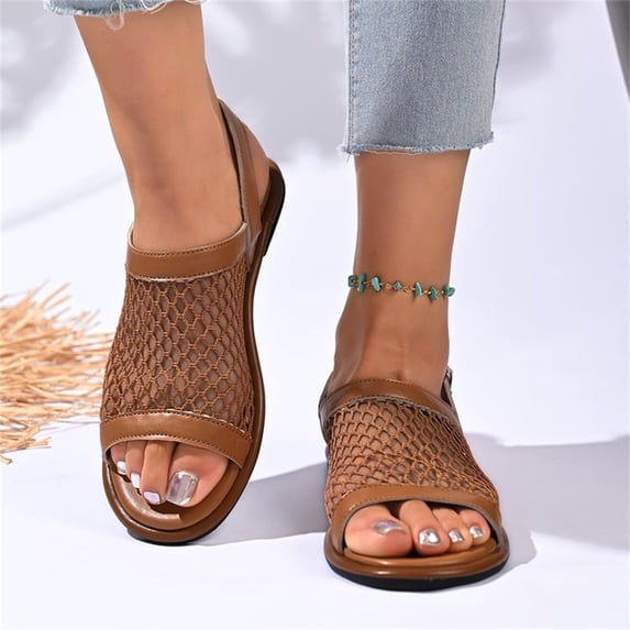 Domuza Women’s Comfortable Mesh Open Toe Sandals, Adjustable Buckle Ankle Strap Flat Shoes with Soft Insole for Summer and Outdoor Use Brown 10(EU-43)