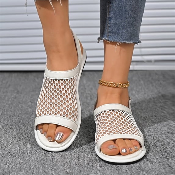 Domuza Women’s Comfortable Mesh Open Toe Sandals, Adjustable Buckle Ankle Strap Flat Shoes with Soft Insole for Summer and Outdoor Use White 10(EU-43)