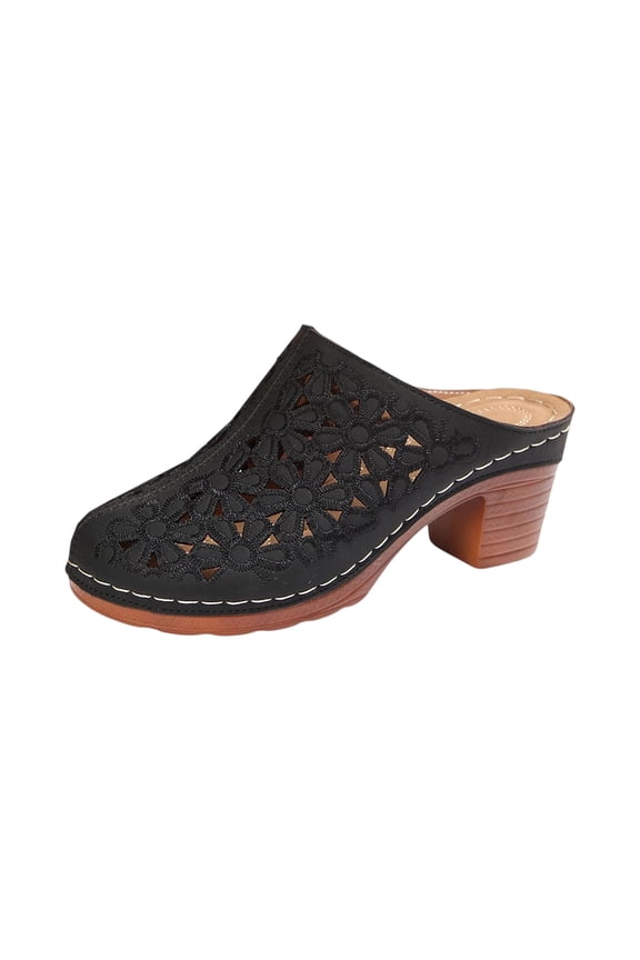 Women's Cut-Out Sandals Slip On Open Back Mule Clogs 2026 Summer New Comfortable Breathable Shoes Chunky Heel Non Slip Slippers Black 5.5(EU-36)