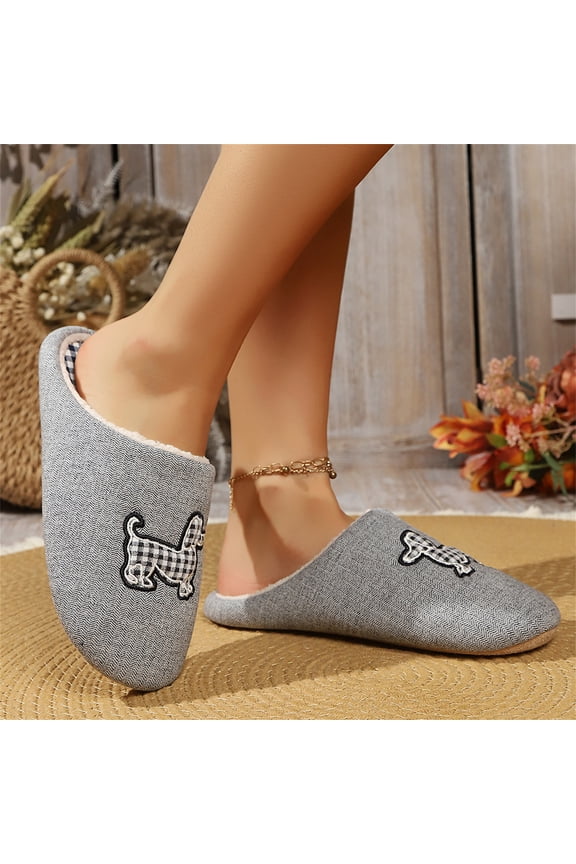 Women’s Cute Dog Embroidery Closed Toe Slippers, Linen Fleece Lined Warm House Shoes Non-Slip Indoor Winter Slides Gray 8(EU-40)