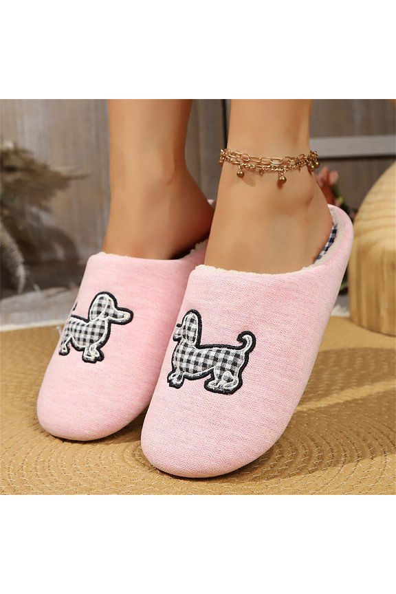 Women’s Cute Dog Embroidery Closed Toe Slippers, Linen Fleece Lined Warm House Shoes Non-Slip Indoor Winter Slides Pink 7(EU-38)