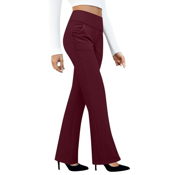 Domuza Women 's Dress Pants Stretchy Straight-Leg Work Slacks Soft High Waisted Yoga Pants Casual Pull on Office Slacks with Pocket Deep Red M