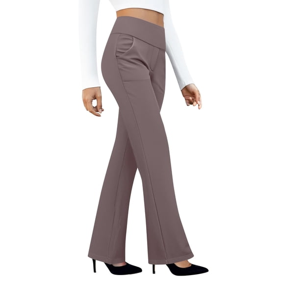 Domuza Women's Dressy Pants Stretch Straight Leg Work Slacks Soft High Waisted Yoga Pants Casual Pull on Office Slacks with Pocket Camel M