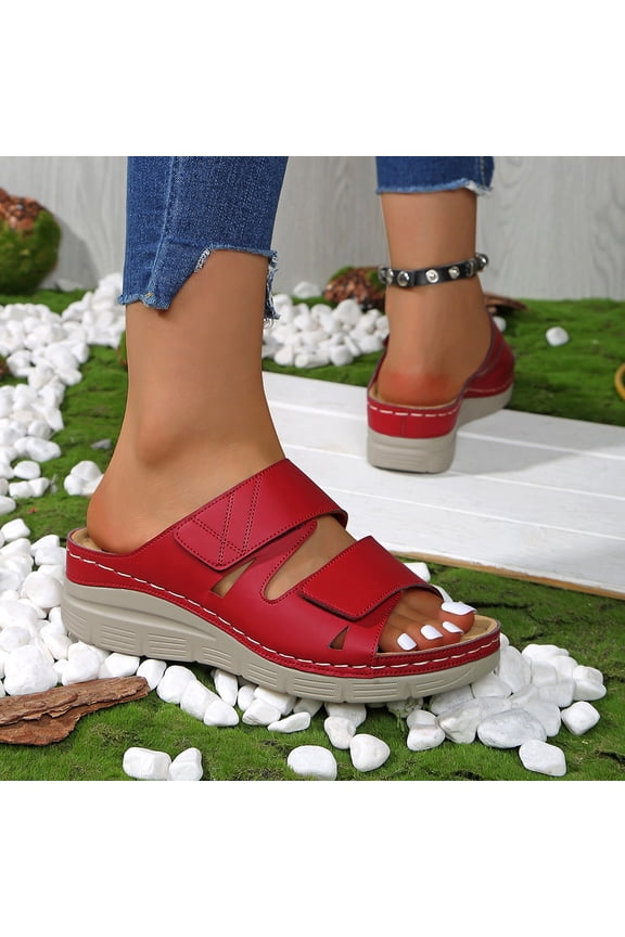 Women’s Dual Adjustable Hook & Loop Slide Sandals, Acupressure Massage Insole Wedge Platform Open Toe Slip On Casual Walking Mules Red 8.5（EU-41）