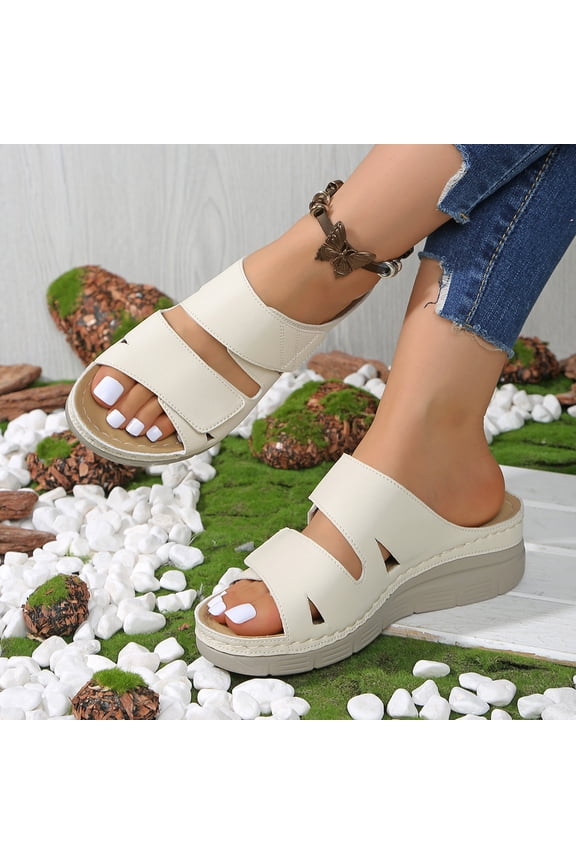 Women’s Dual Adjustable Hook & Loop Slide Sandals, Acupressure Massage Insole Wedge Platform Open Toe Slip On Casual Walking Mules White 5.5（EU-36）