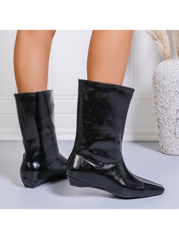 Women's Fall Winter Glossy Pointed Toe Mid Calf Boots, Ruched Wedge Heel Pull On Leather Look Short Boots Black 6.5(EU-37)