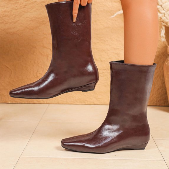 Domuza Women's Fall Winter Glossy Pointed Toe Mid Calf Boots, Ruched Wedge Heel Pull On Leather Look Short Boots Brown 7(EU-38)