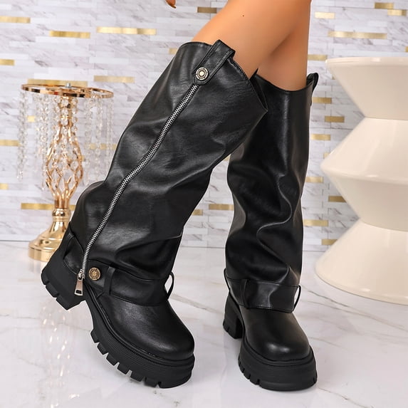 Domuza Women's Fall Winter Round Toe Platform Mid Calf Boots, Slouchy Pants Shaft Side Zipper Thick Sole Long Boots Black 10(EU-43)