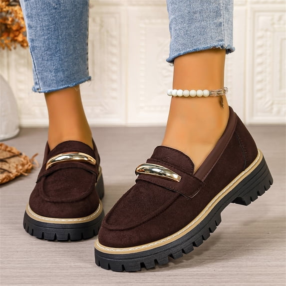 Domuza Women's Faux Suede Chunky Platform Loafers, Metal Buckle Decor Lug Sole Slip On Dress Shoes, Non-Slip Comfort Casual Work Flats for Office Daily Commuting Walking Wear Black 9(EU-42)
