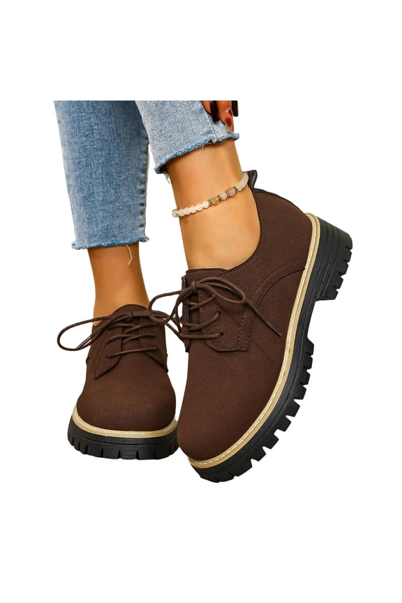 Women's Faux Suede Lace Up Platform Oxford Shoes, Chunky Lug Sole Non-Slip Casual Dress Shoes, Comfort Work Flats for Office Commuting Daily Wear Brown 5.5(EU-36)