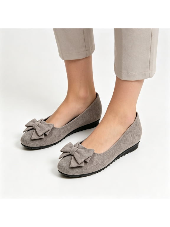 Women's Faux Suede Orthopedic Wedge Ballet Dress Shoes with Bow,Low Wedge Round Toe Slip-On Casual Comfortable Flats Shoes Gray 10(EU-43)