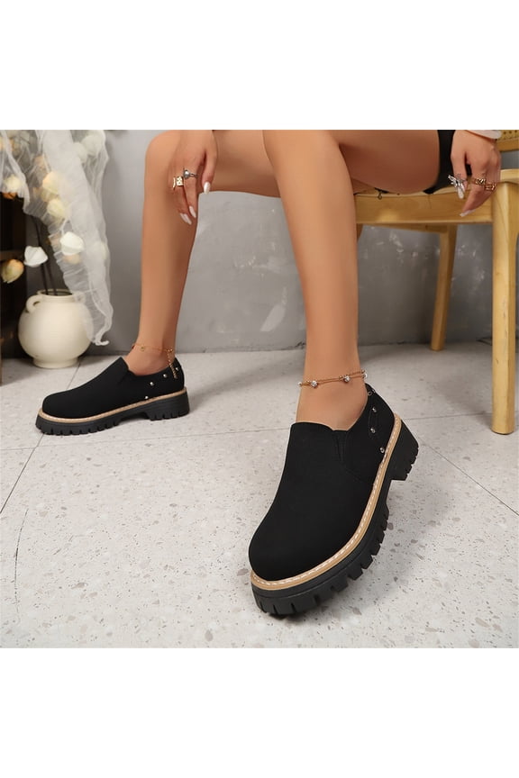 Women's Faux Suede Platform Loafers, Rivet Decor Slip On Chunky Lug Sole Shoes, Casual Comfort Walking Loafers for Fall Winter Daily Wear Black 5.5(EU-36)