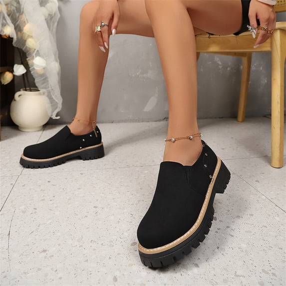 Domuza Women's Faux Suede Platform Loafers, Rivet Decor Slip On Chunky Lug Sole Shoes, Casual Comfort Walking Loafers for Fall Winter Daily Wear Black 8.5(EU-41)