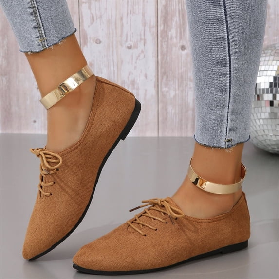 Domuza Women’s Faux Suede Pointed Toe Lace Up Flat Shoes Classic Casual Oxford Flats Non-Slip Comfort Dress Shoes for Work Daily Wear 5.5(EU-36) 36