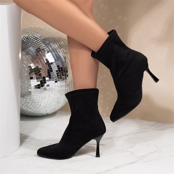Domuza Women's Faux Suede Stiletto Ankle Boots, Pointed Toe Stretch Sock Booties, High Heel Dress Boots for Fall Winter Work Party Black 8.5(EU-41)