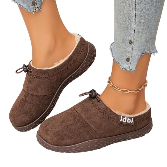 Domuza Women's Fleece Lined Faux Suede Mule Slippers, Adjustable Drawstring Slip-On Winter Clogs, Non-Slip Warm Indoor Outdoor House Shoes Brown 8.5(EU-41)