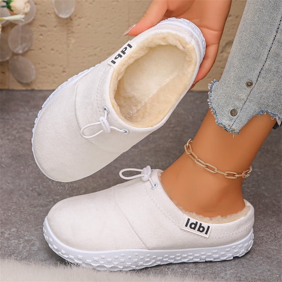 Domuza Women's Fleece Lined Faux Suede Mule Slippers, Adjustable Drawstring Slip-On Winter Clogs, Non-Slip Warm Indoor Outdoor House Shoes White 7.5(EU-39)