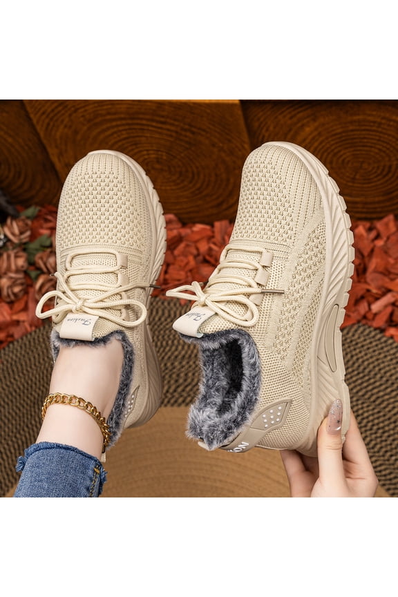 Women's Fleece Lined Knit Running Sneakers Lace Up Breathable Mesh Lightweight Non Slip Warm Winter Casual Walking Footwear Beige 6.5（EU-37）