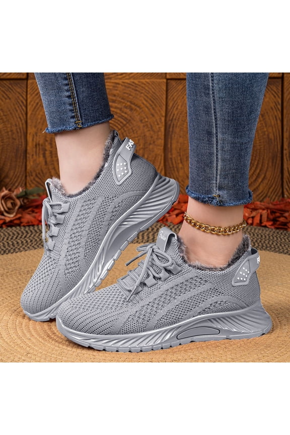 Women's Fleece Lined Knit Running Sneakers Lace Up Breathable Mesh Lightweight Non Slip Warm Winter Casual Walking Footwear Gray 6.5(EU-37)