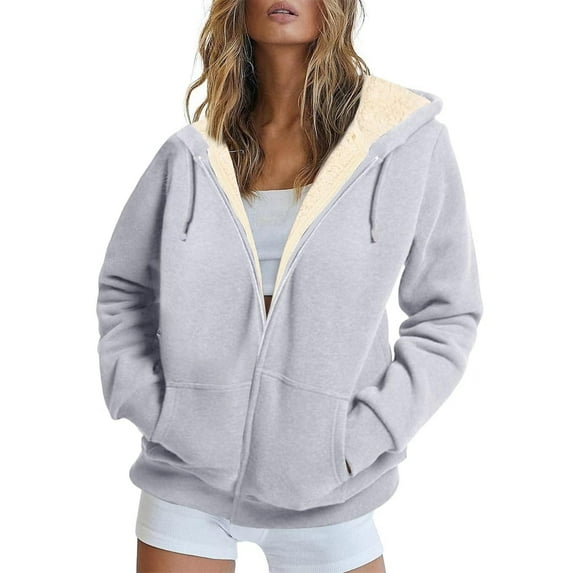 Domuza Women's Fleece Lined Zip Up Hoodie Fall Winter Thermal Sherpa Lined Hooded Jackets Fuzzy Comfy Soft Trendy Casual Outerwear Dark Gray M