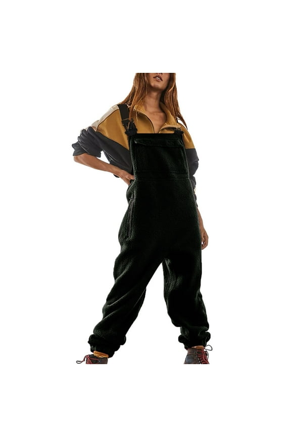 Women's Fleece Overalls Winter Warm One-Piece Adjustable Suspender Straps Jumpsuits Stylish Casual Loose Fit Fuzzy Ski Pants Black XL