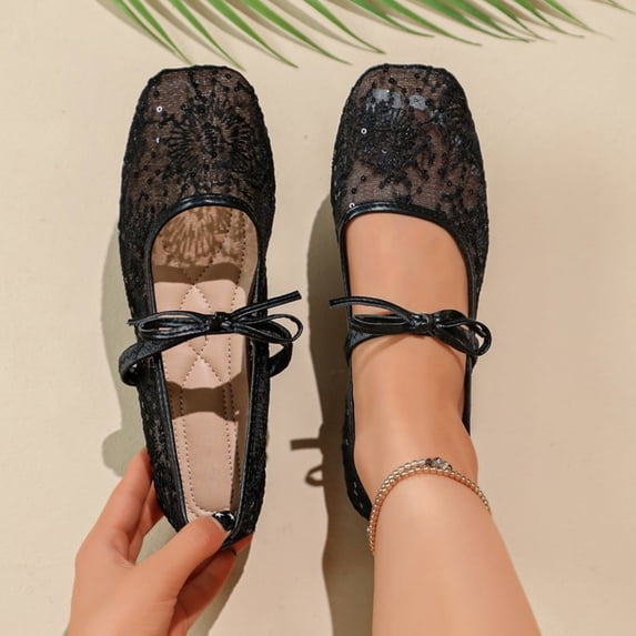 Domuza Women’s Floral Lace Mesh Ballet Flats, Bow Square Toe Breathable Slip On Low Heel Dress Shoes Black 9(EU-42)
