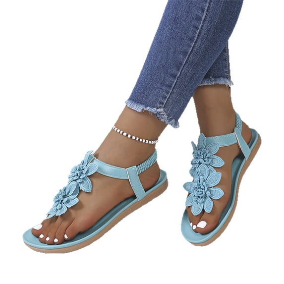 Domuza Women's Floral Thong Sandals, Elastic Ankle Strap Comfortable Non-Slip Flat Shoes for Summer Casual Wear Blue 10(EU-43)