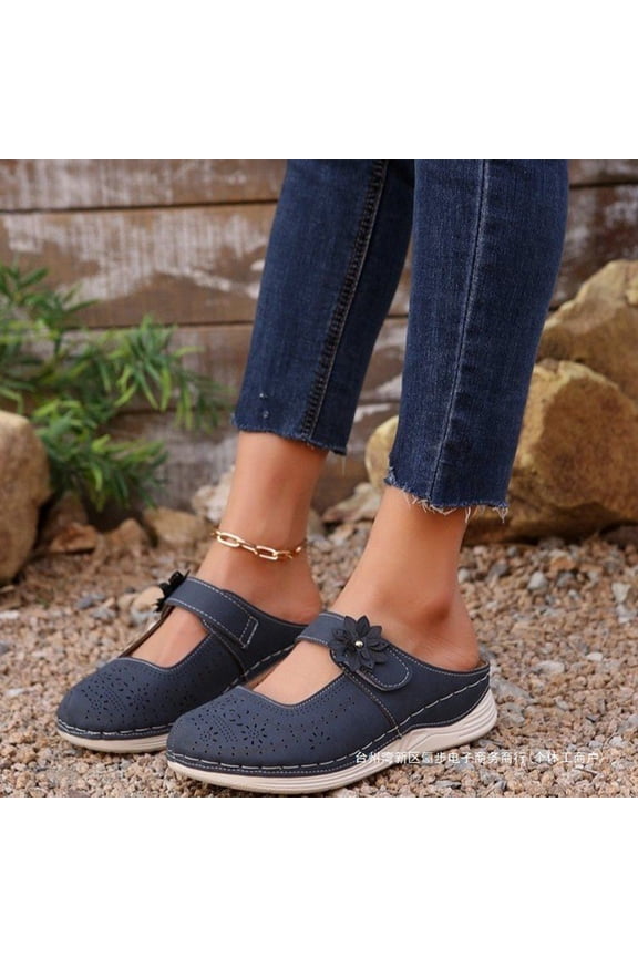 Women's Flower Embellished Clog Mules, Breathable Cutout Wedge Casual Slip On Shoes, Lightweight Comfort Footwear for Daily and Outdoor Use Blue 9(EU-42)