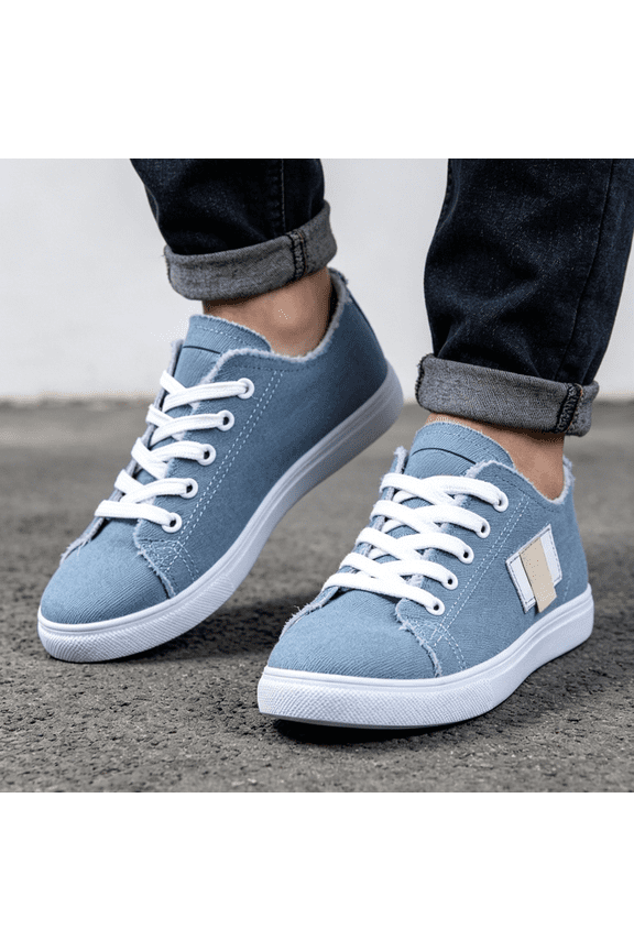 Women's Frayed Raw Edge Canvas Sneakers Lace Up Patch Decor Lightweight Flat Non Slip Casual Daily Walking Footwear Blue 6.5（EU-37）