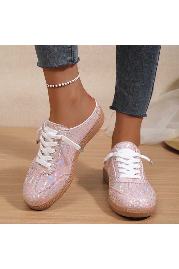 Women’s Glitter Sequin Backless Mule Sneakers, Slip On Half Shoes Vintage Gum Sole Casual Walking Flats Pink 9(EU-42)