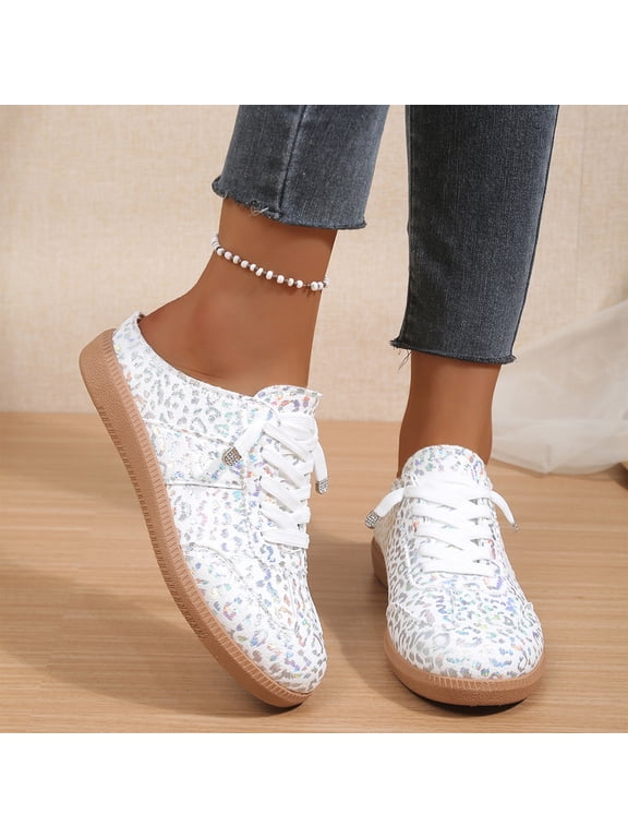 Women’s Glitter Sequin Backless Mule Sneakers, Slip On Half Shoes Vintage Gum Sole Casual Walking Flats Silver 6.5(EU-37)